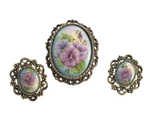Porcelain Floral Oval Pendant Brooch Earrings Vintage Costume Jewelry Flowers