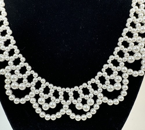 Vintage Faux Pearl Collar Necklace RBG Ivory Seed Beaded Lace Bib Necklace~19” - Picture 4 of 10