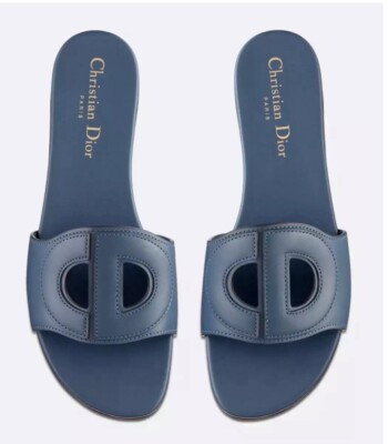 Christian Dior Dway D-Club Blue Leather CD Club Logo Slide Mule Flat Sandal 41