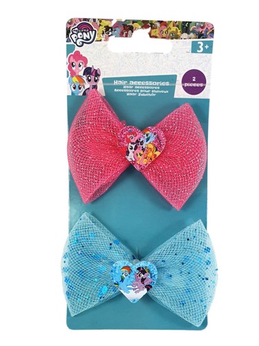 My Little Pony Hair Clips Blue & Pink Glitter Net Bow Hair Grips Clips - Picture 1 of 2