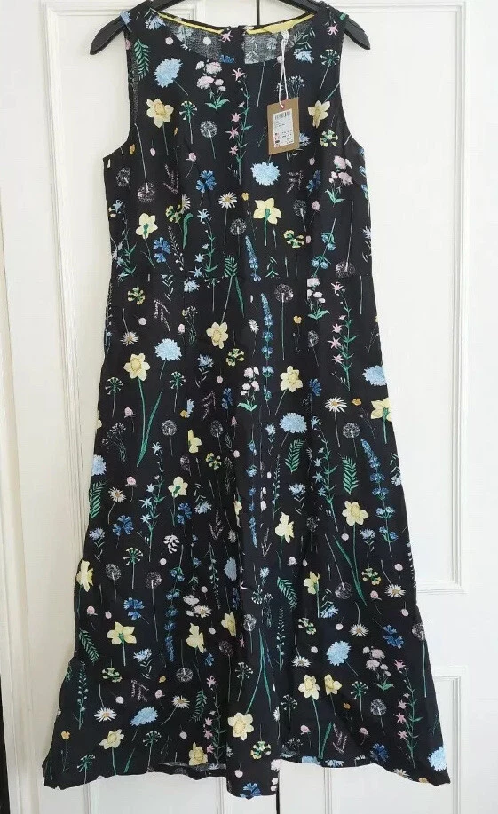 Joules Chrissie Black Floral Linen Dress Size UK 10