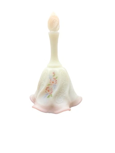 Fenton Bell White w Pink Crested Ruffled Edge Hand Painted Dainty Flowers Signed