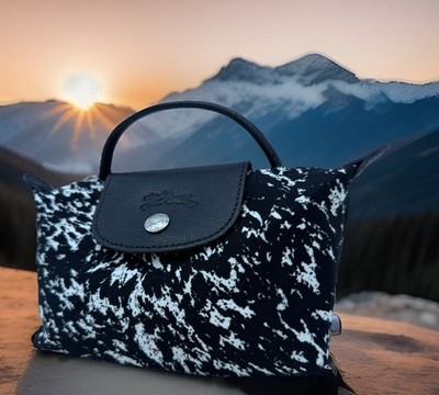 NWOT Longchamp Le Pliage BLK White Prints Nylon Top Handle