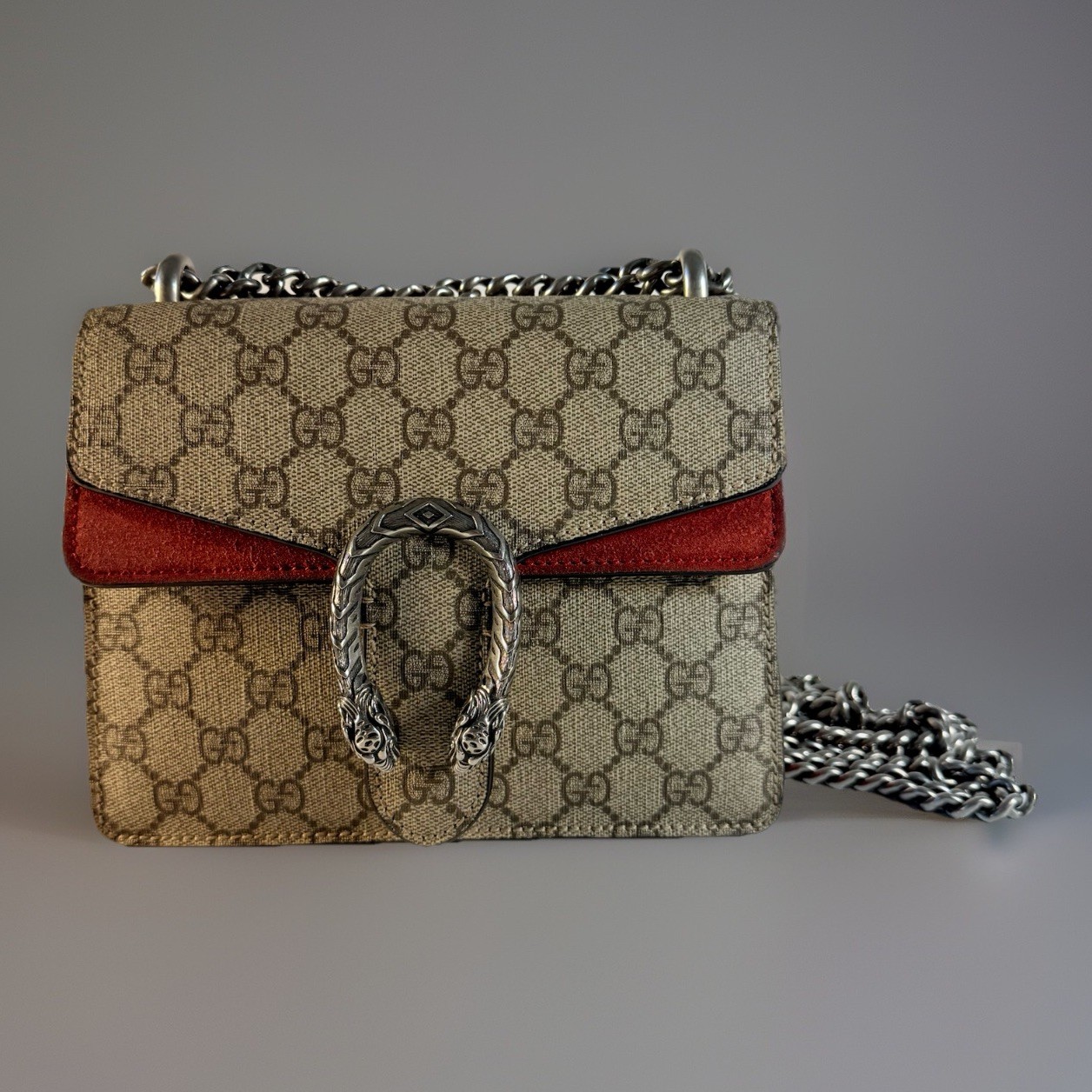 Gucci Dionysus GG Supreme Mini Shoulder Bag Chain Red Suede Excellent