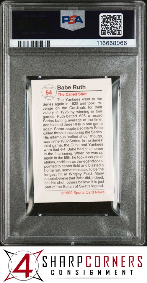 1992 SPORTS CARDS NEWS OLD TIME TOBACCO HAND CUT #54 BABE RUTH HOF POP 6 PSA 9 - Image 2 of 3