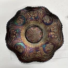 Electric Fenton Carnival Glass Blue Dragon & Lotus Pattern Flat Ruffled Bowl