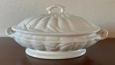 All-White Ceramic Covered Dish/Toureen w/ Lid & Handles: Wheat Pattern