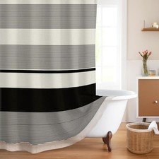 Boho Farmhouse Black Cream White Striped Tassel Shower Curtain Set, Modern St...