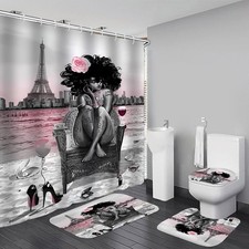 4Pcs Black Girls Bathroom Sets with Shower Curtain and Rugs, African Shower C...