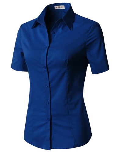 Womens Button Down Shirt Basic SLIM FIT Simple Short Sleeve Collared S010 - Picture 68 of 95