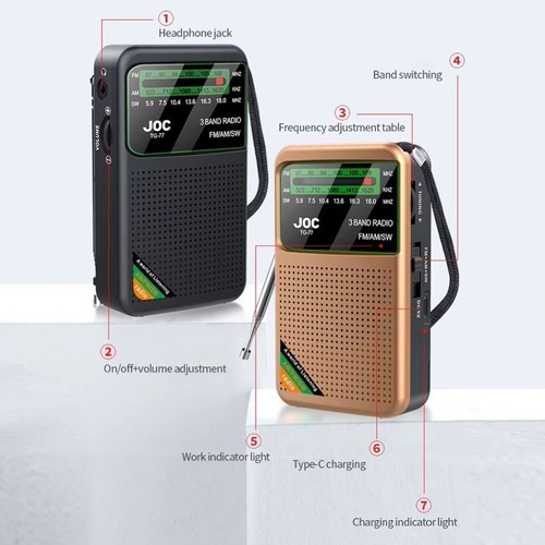 Rechargeable FM AM SW Radio Type-C Full Band Radio for Senior Home Walking - Zdjęcie 3 z 14