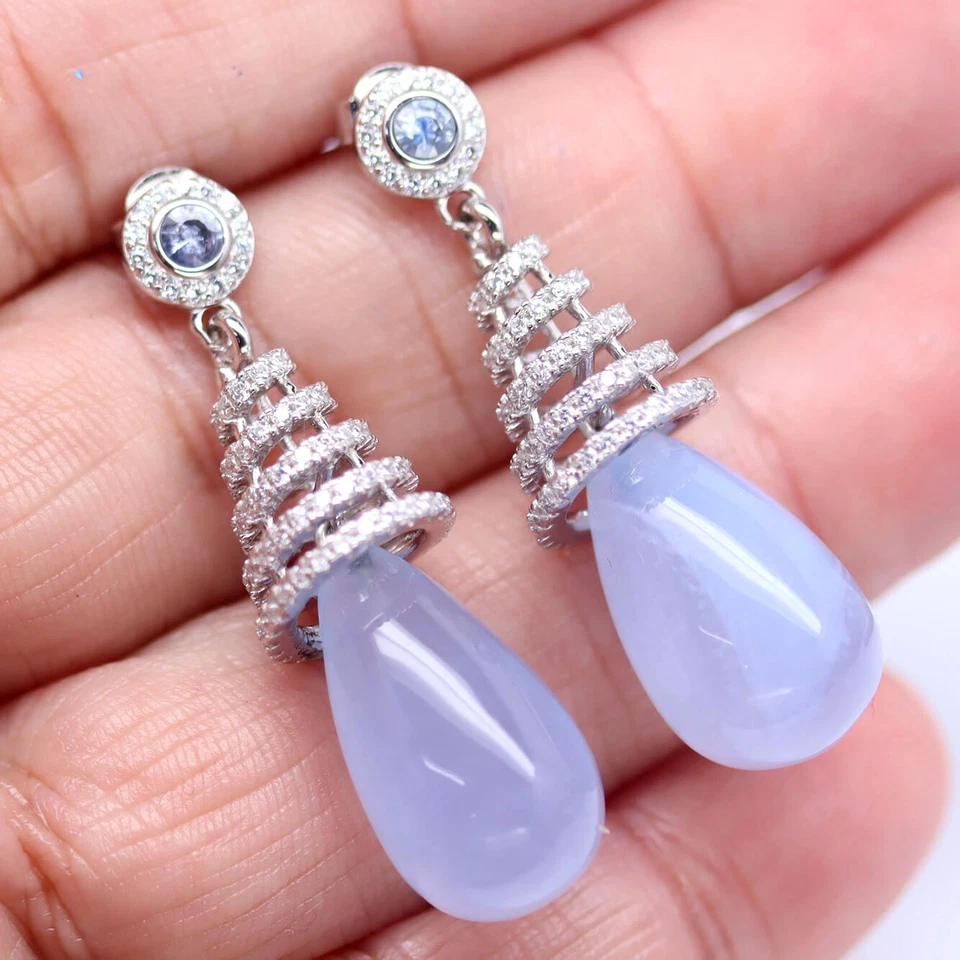 Plata 925 12x18 mm. Pendientes de calcedonia lavanda, tanzanita azul y circón blanco Foto 2 de 4