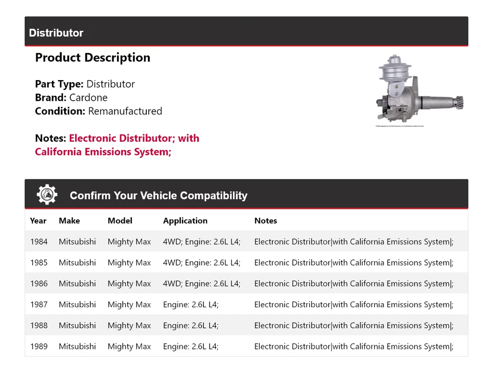 Para Mitsubishi Mighty Max 1984-1989 2,6 L L4 Distribuidor Cardone 1985 1986 1987 Foto 2 de 4