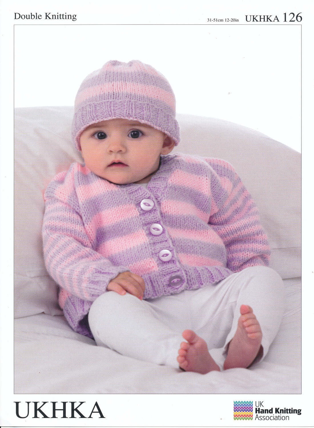 Baby Long Sleeved Striped Cardigan & Hat Double Knitting DK Pattern UKHKA 126