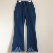 Little girls high waist flare leg raw hem pull on denim blue jeans