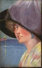 Beautiful Woman Hat Lighthouse Purple Feather Boa Celesque c1915 Postcard