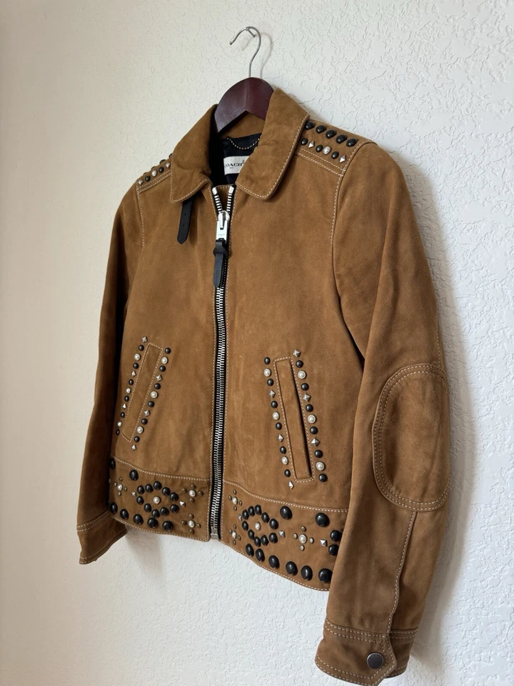 ТРЕНЕР женщин $1795 верблюд коричневый замши кожаная куртка с заклепками + юбка - Изображение 3 из 4