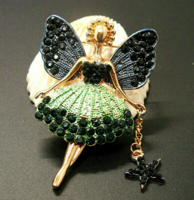 MAGIC Star FAIRY Angel PIXIE Rhinestone BetsyJohnson Necklace Pendant BROOCH Blk