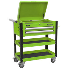 Image of Heavy-Duty Mobile Tool & Parts Trolley 2 Drawers & Lockable Top - Hi-Vis Green -