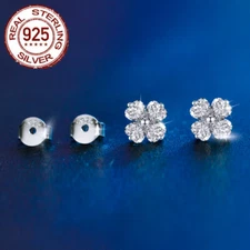 Shiny Flower Stud Earrings Sterling Silver Women 925 Cubic Zirconia Jewelry Gift