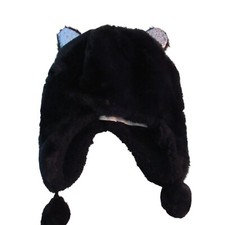 Children's Winter Hat Black Beanie Girls Sz S/M Bear Earflap Poms Faux Fur 4-7YR