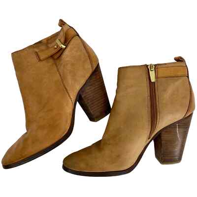 Coach women 8B tan Leather High Heel Chunky Block zipped buckle ankle boots 