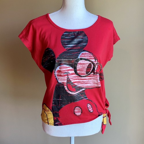 Disney Womens Top Mickey Mouse Black Glitter Glasses Side Tie Short Sleeve Red S - Picture 2 of 9