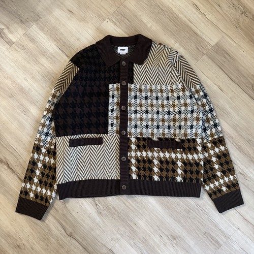 Obey Patchwork Knit Cardigan L Brown Houndstooth Herringbone Sweater Grandpa