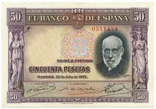 50 PESETAS EL BANCO DE ESPAÑA PORTRAIT SANTIAGO RAMÓN Y CAJAL SPAIN 1935 SPL+