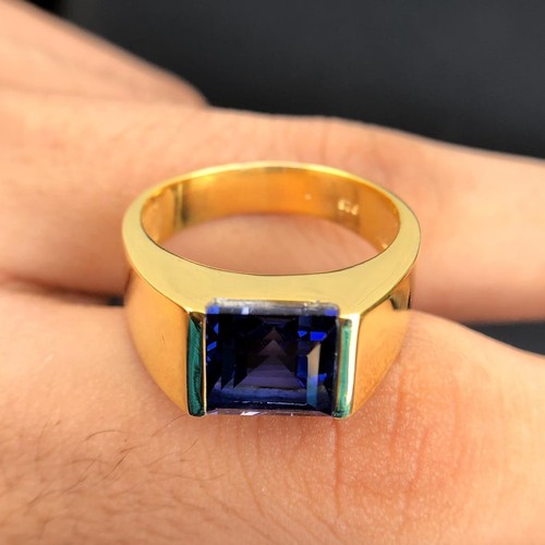 14k Solid Gold Sapphire Engagement Ring For Man, 8mm Square cut Blue Gemstone - Picture 7 of 8