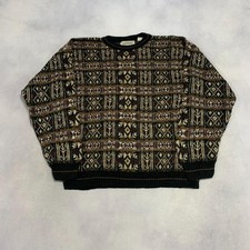Vintage Abstract Knitted Jumper Patterned Grandad Knit Sweater Men's L