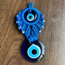 Evil Eye Glass Wall Hanging Ornament Handmade Macrame Blue Eye Bead