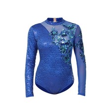 Women's Asymmetrical Sequin Applique Long Sleeve Leotard Dance Bodysuit for