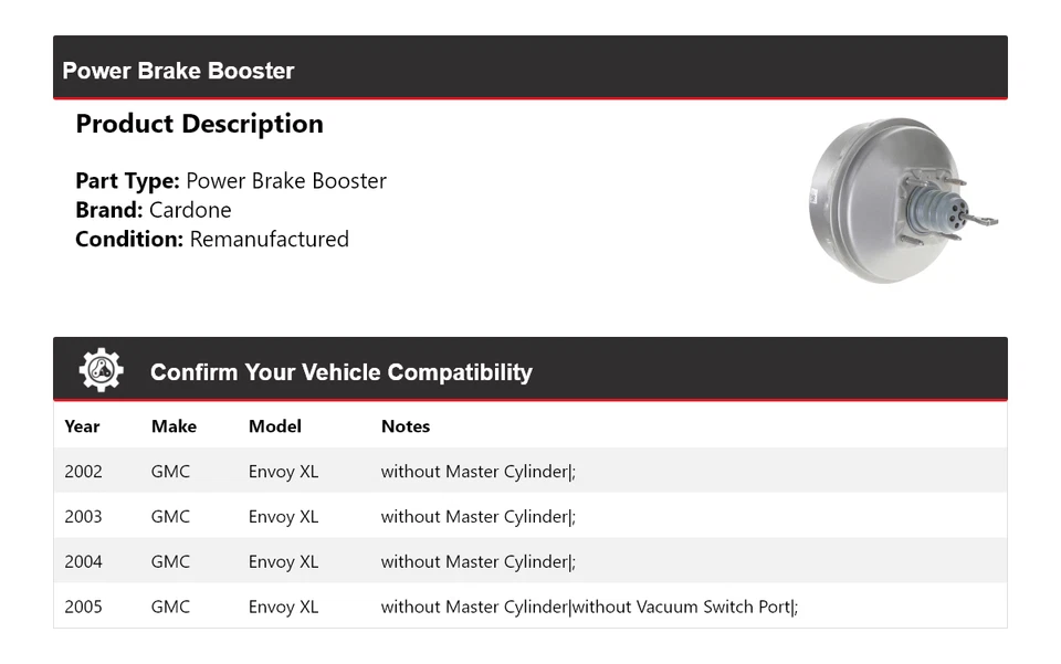 For 2002-2005 GMC Envoy XL Power Brake Booster Cardone 2003 2004 - Image 2 of 4