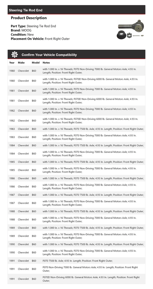 Extremo de barra de dirección exterior delantero derecho MOOG 1980 para Chevrolet B60 1980-1991 Foto 2 de 4