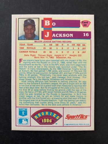BO JACKSON 1986 SPORTFLICS ROOKIES RC ROOKIE CARD #40 - #010724J - Picture 2 of 2