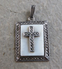 Vintage Mother Of Pearl MOP & Marcasite Cross Sterling Silver 925 Pendant #310