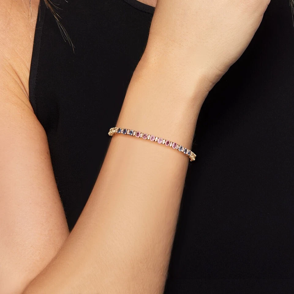 Brazalete para mujer tenis multicolor corte ovalado de 8 quilates enchapado en oro amarillo de 14 quilates .925 Foto 2 de 3