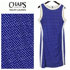 Chaps Ralph Lauren Dress Sz XL 14 16 Blue White Slinky Knit Ruched Slvlss u