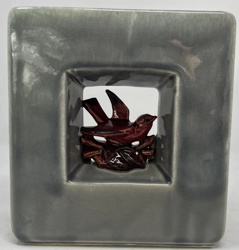McCoy Vase Planter Arcature Red Bird Gray Square Art Pottery Window Vintage 6.5”