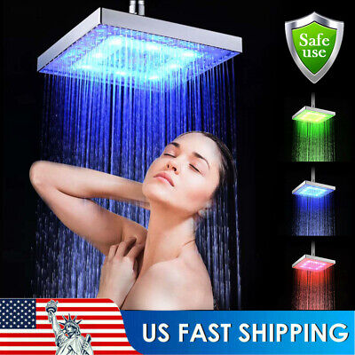 8" Square Rainfall Shower Head Sprayer High Pressure With LED Colors Changing US 8" Square Rainfall Shower Head Sprayer High Pressure With LED Colors Changing US