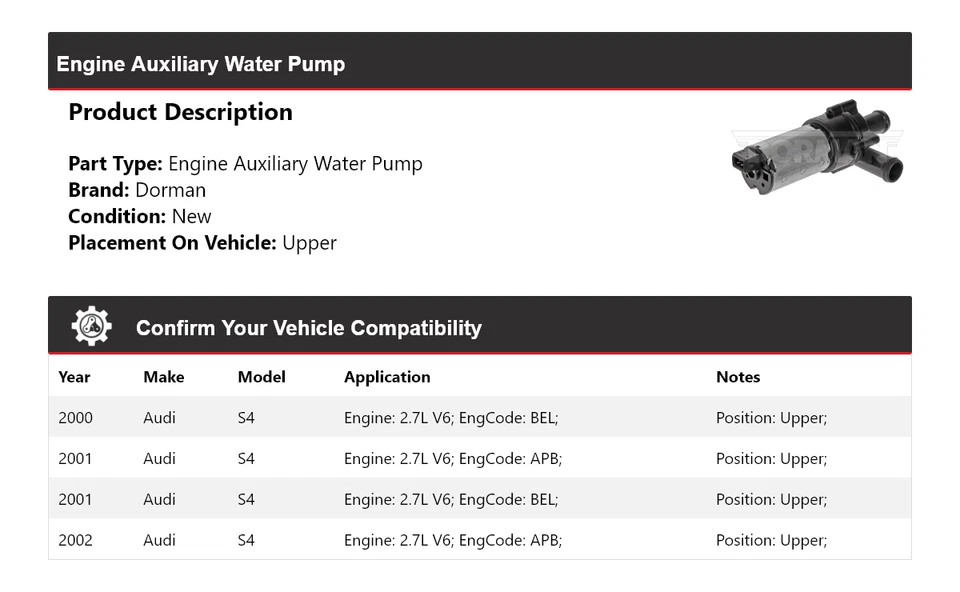 Bomba de água auxiliar superior 2001 motor Dorman Audi S4 2.7L V6 2000-2002 - Imagem 2 de 4