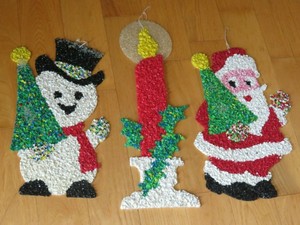 3 Vintage Christmas Melted Plastic Popcorn Wall Decorations Santa