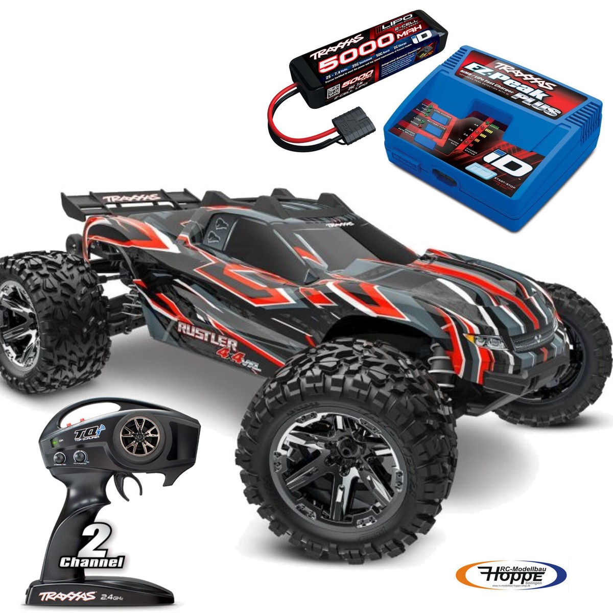 Traxxas Rustler 4x4 VXL Red RTR 1x 2S 5000 mAh Battery and ID Charger  Traxxas