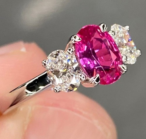 Certified Lab Created Diamond & Pink Sapphire Ring 1.70 Ct Oval Cut 950 Platinum - Picture 8 of 10