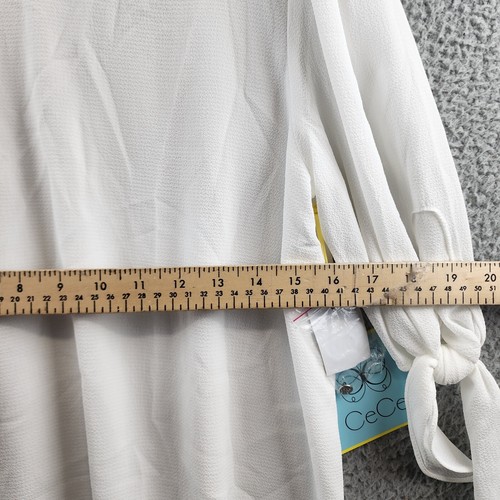 CeCe Tie Sleeve Top Women's XS White Solid Round Neck Elbow Sleeve Button Back - Picture 9 of 16