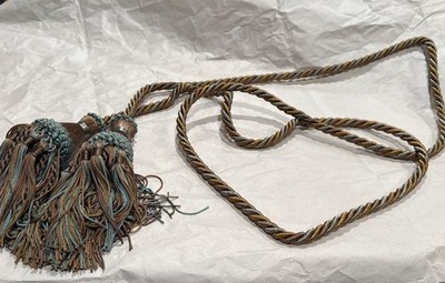 Unique VTG  Double Rope Brown And Blue Swag Tassel Tie back Curtain 84 In Long