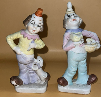 Pair of Happy Face Clowns with Pets figurines made in Taiwan Vintage 1970-80s
