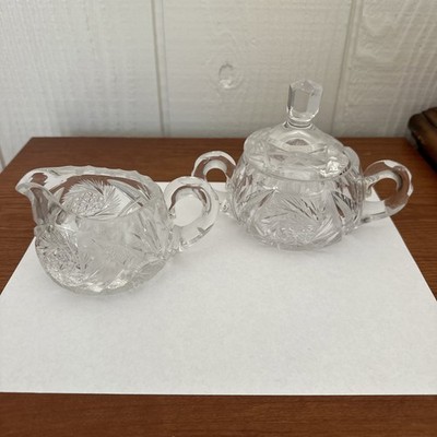 American Brilliant Period Cut Glass Flower & Diamond Cream & Sugar