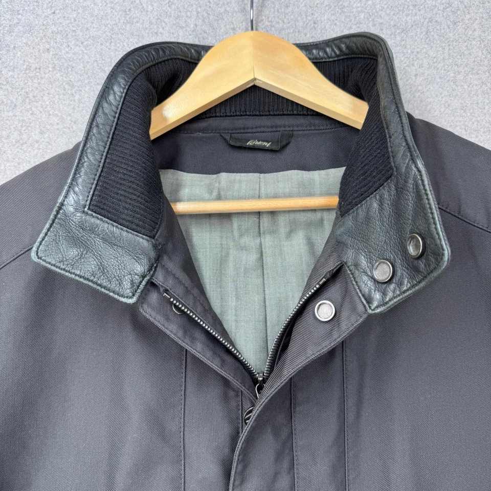 Abrigo Chaqueta de Campo Brioni Para Hombres Negro Borde de Cuero Hecho en Italia Forrado en Lana 46 *DEFECTOS Foto 2 de 4